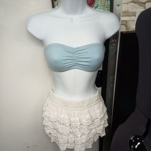 Boho style white frilly crochet shorts